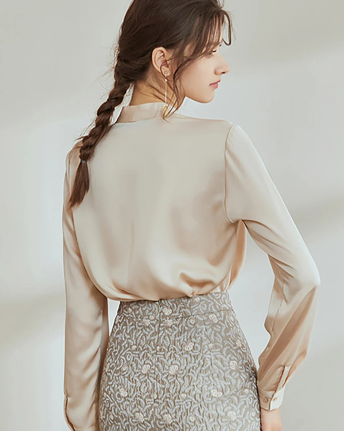 V-Neck Silk Pleated Blouse