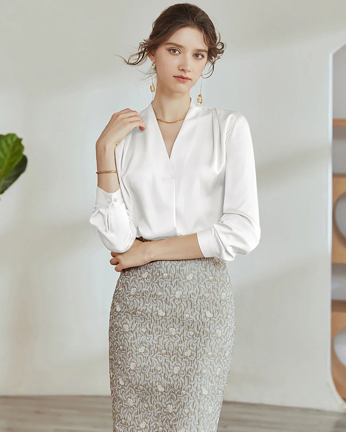 V-Neck Silk Pleated Blouse