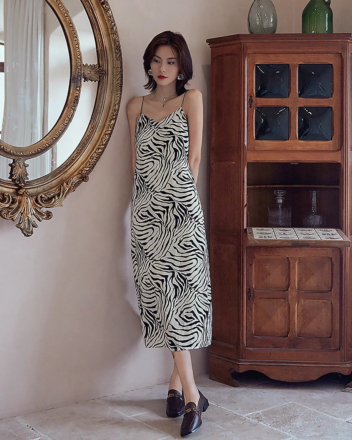 Zebra Print Spaghetti Strap Silk Dress