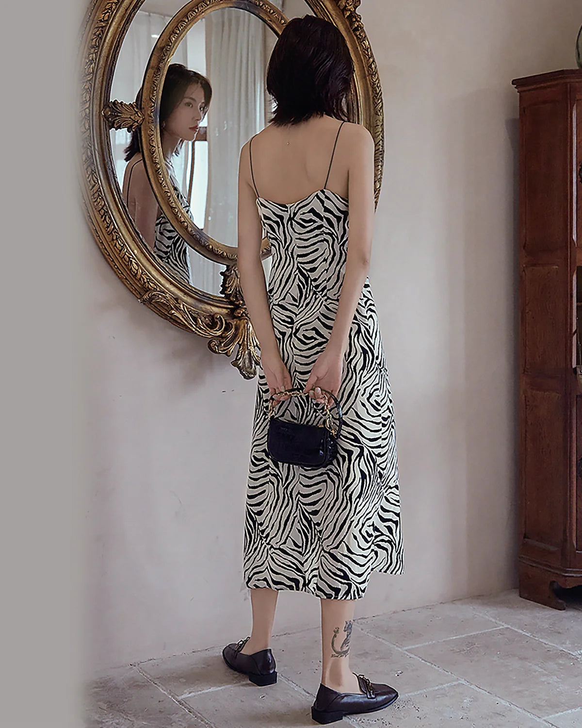 Zebra Print Spaghetti Strap Silk Dress