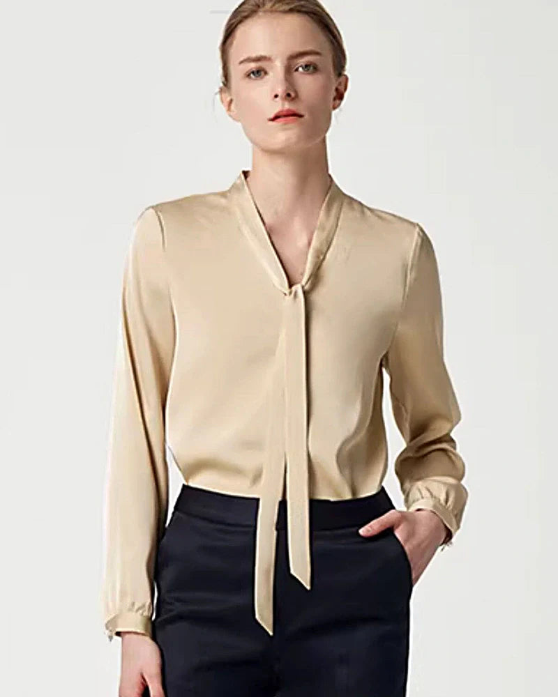 22 Momme Silk Tie Neck Blouse Long Sleeve
