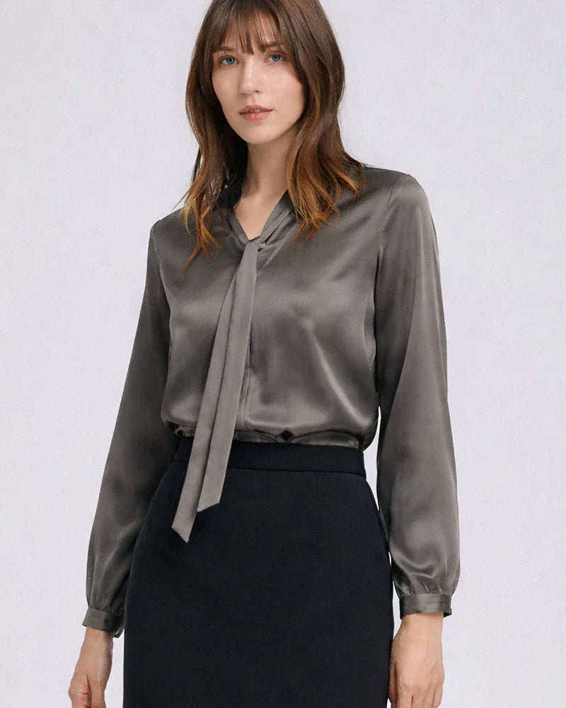 22 Momme Silk Tie Neck Blouse Long Sleeve