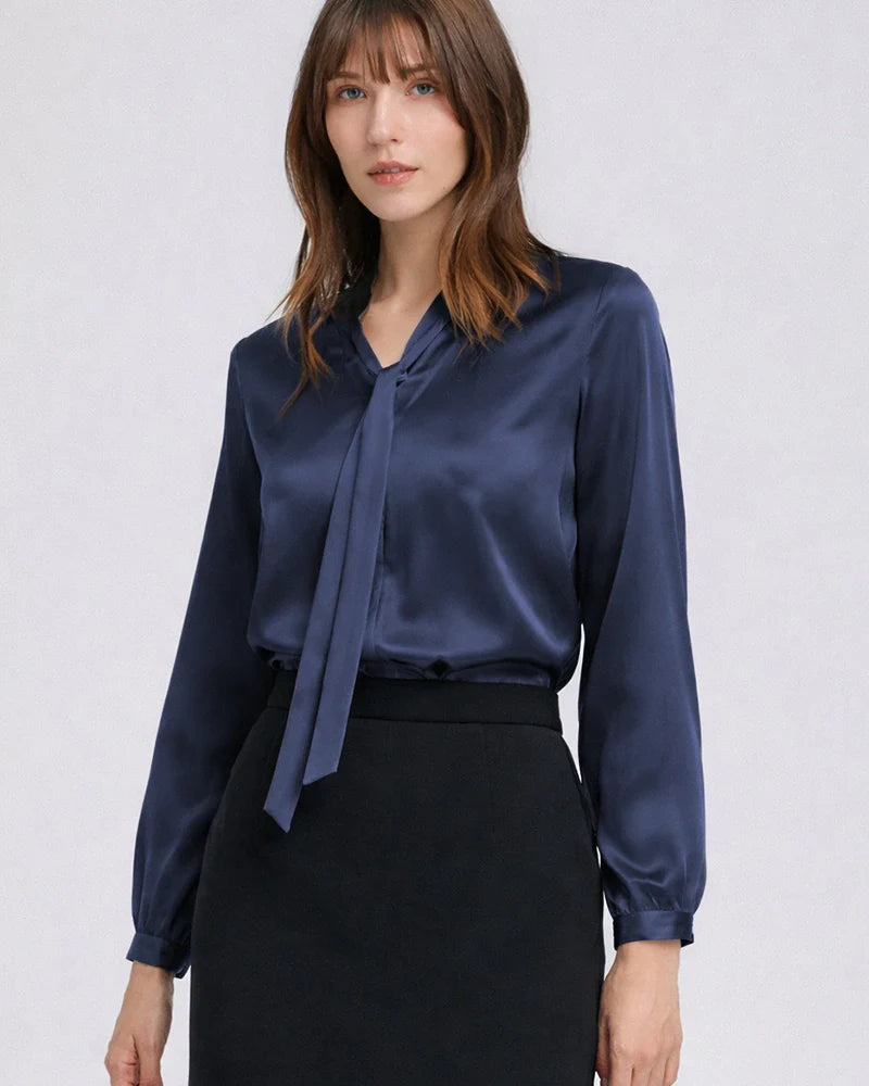 22 Momme Silk Tie Neck Blouse Long Sleeve