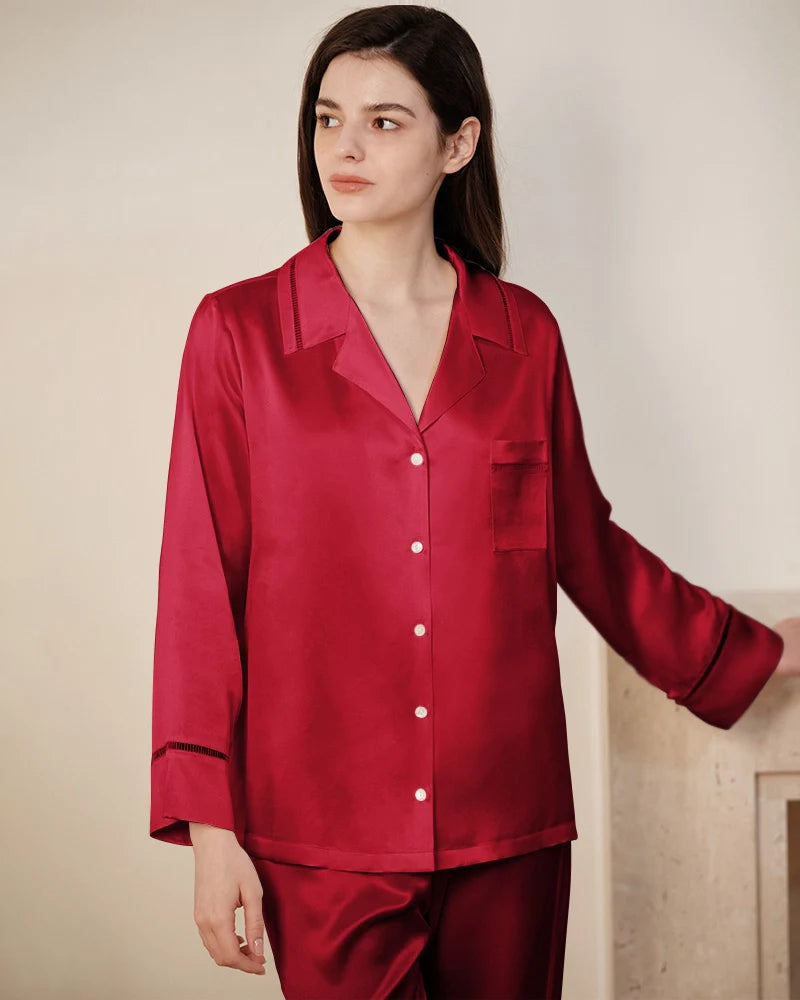 22 Momme Mulberry Silk Pajama Set with Lace Trim