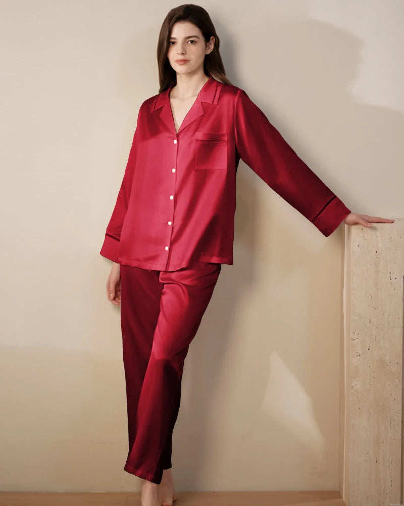 22 Momme Mulberry Silk Pajama Set with Lace Trim