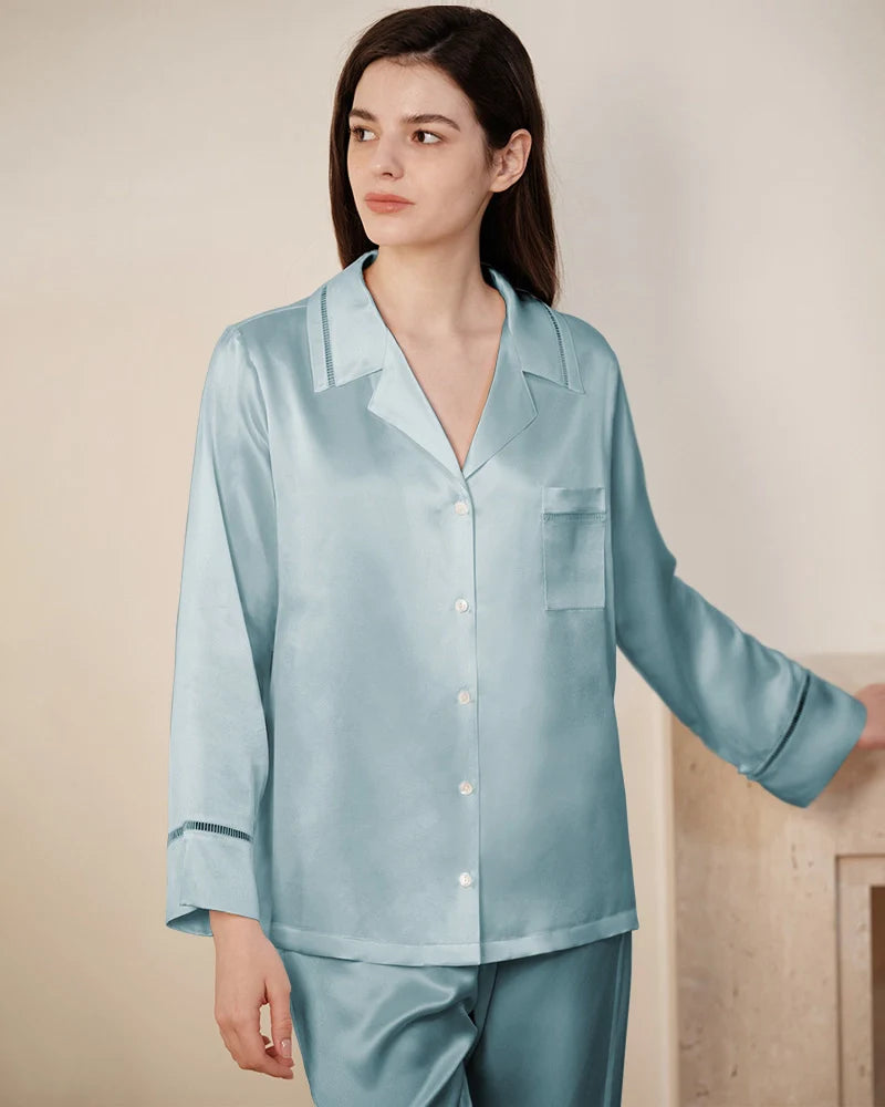 22 Momme Mulberry Silk Pajama Set with Lace Trim