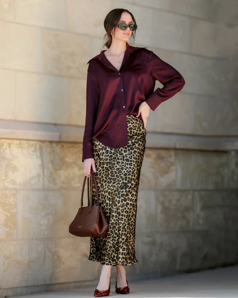 Classic Leopard Print Maxi Silk Skirt