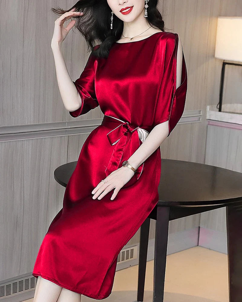 Belted Silk Midi Dress with Slit Shoulders