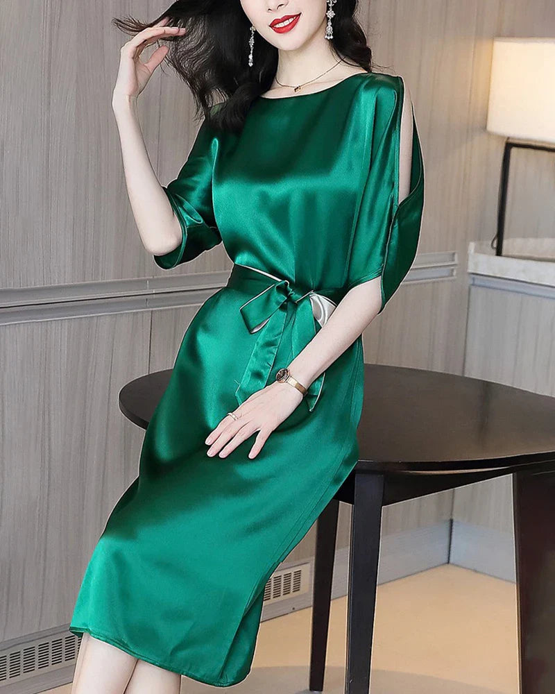 Belted Silk Midi Dress with Slit Shoulders