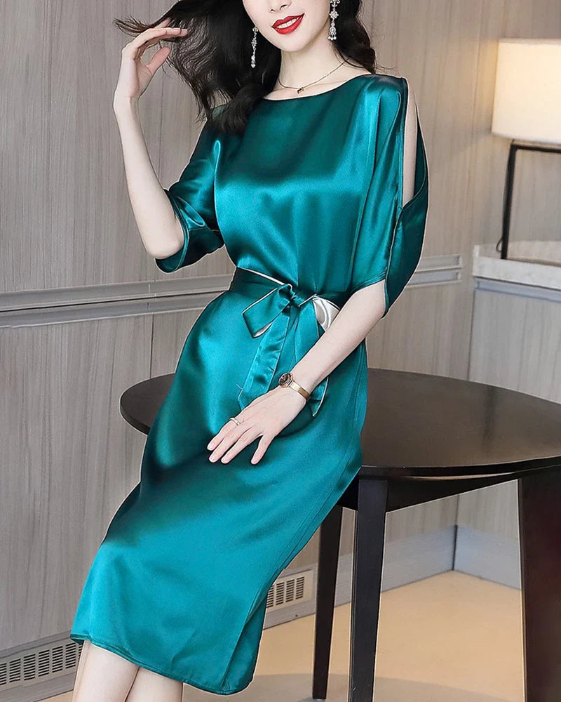 Belted Silk Midi Dress with Slit Shoulders