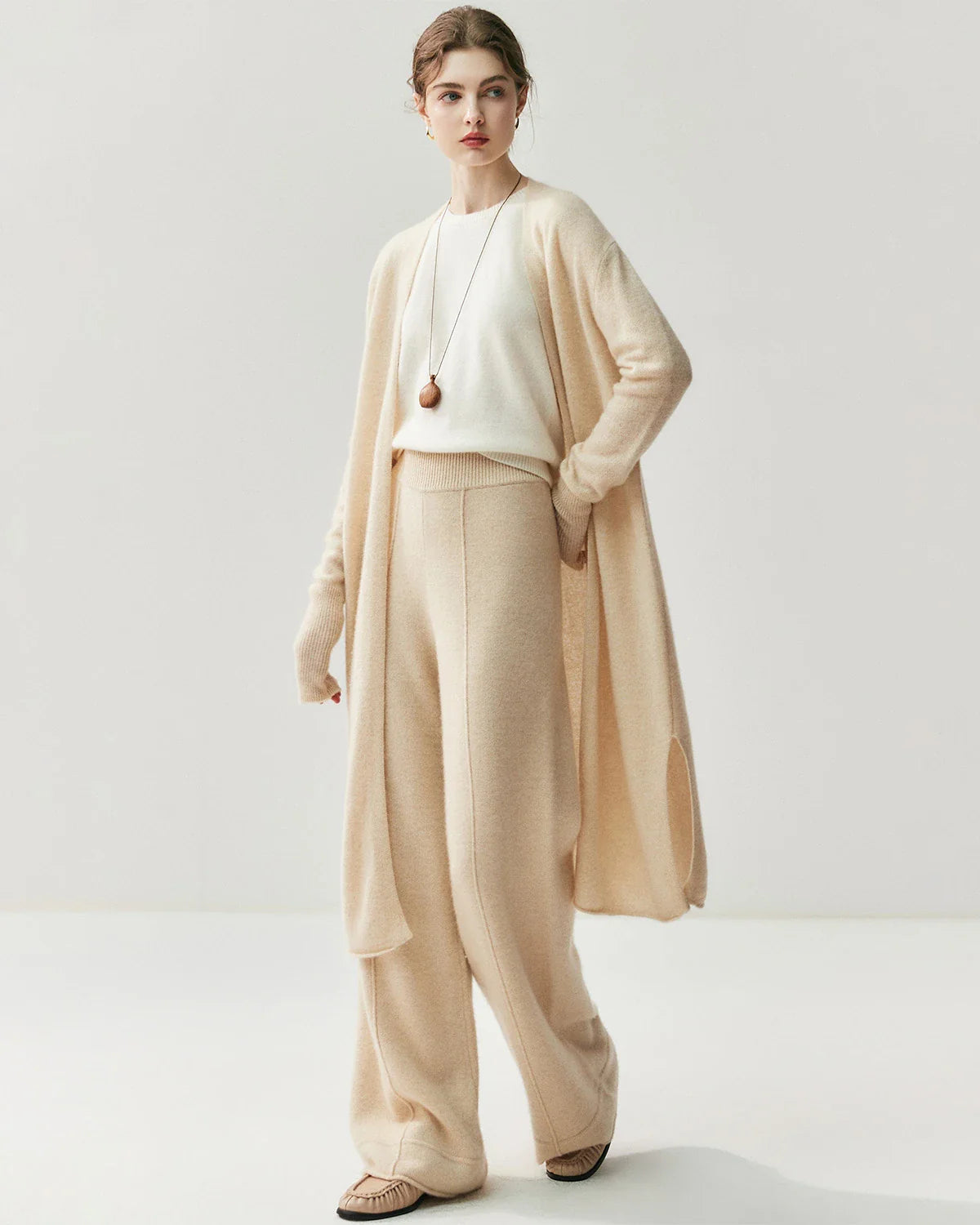 Cashmere Wool Wide Leg Pants with Front Seam