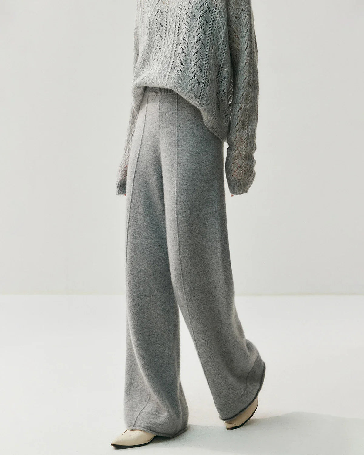 Cashmere Wool Wide Leg Pants with Front Seam