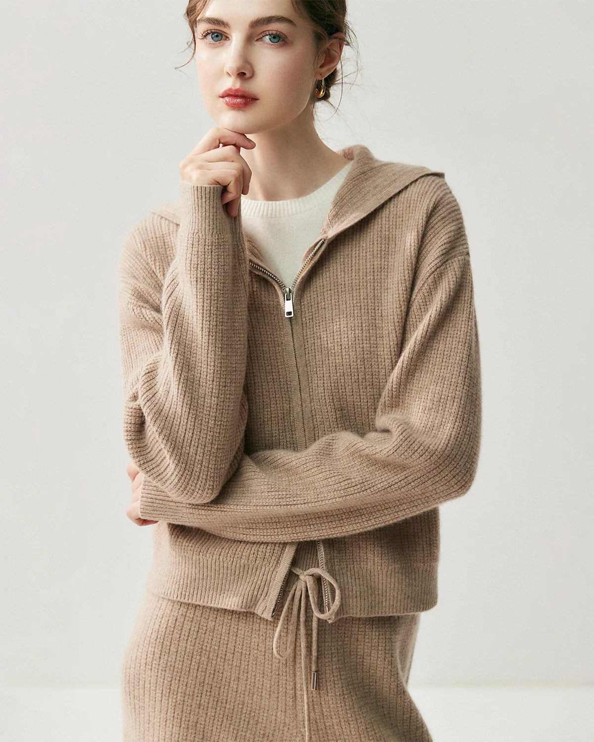 Cashmere Wool Zip Up Hoodie and Straight-Leg Pants