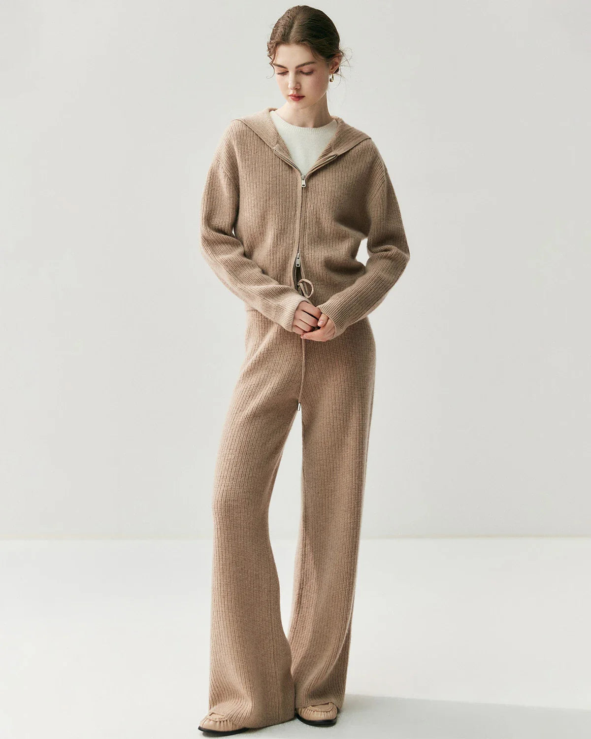 Cashmere Wool Zip Up Hoodie and Straight-Leg Pants
