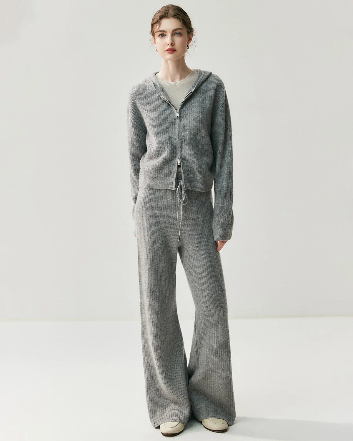 Cashmere Wool Zip Up Hoodie and Straight-Leg Pants