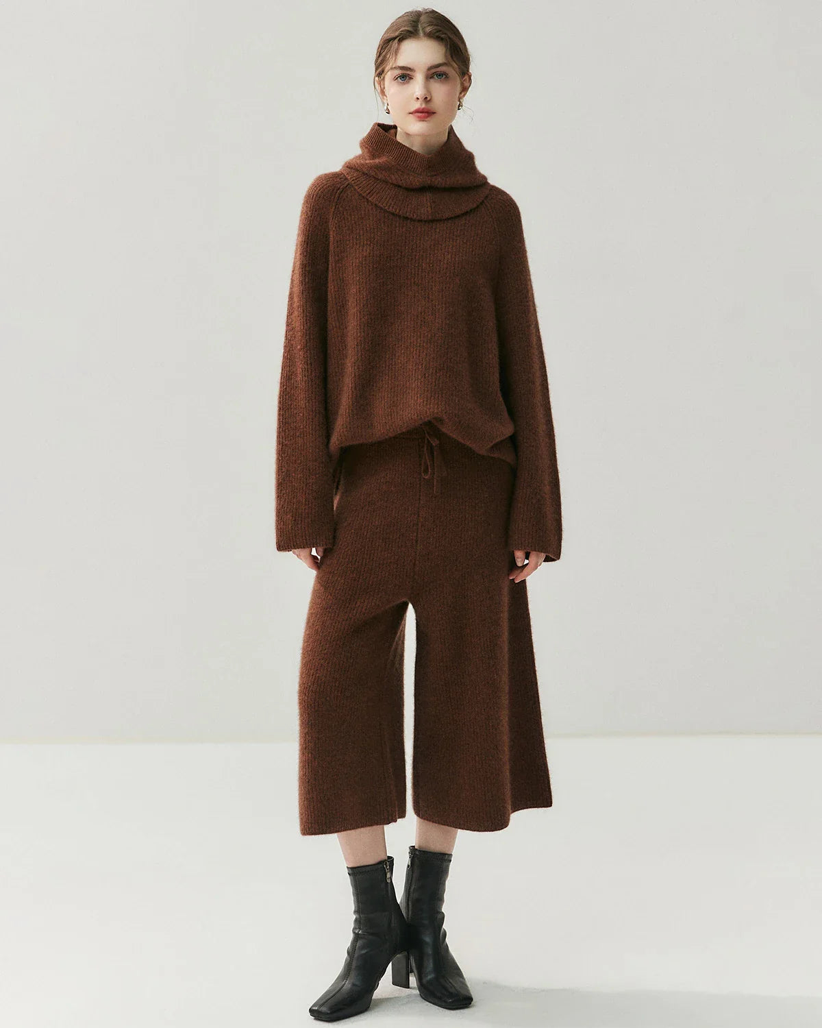 Cashmere Wool Knit Hooded Pullover and Pants Set