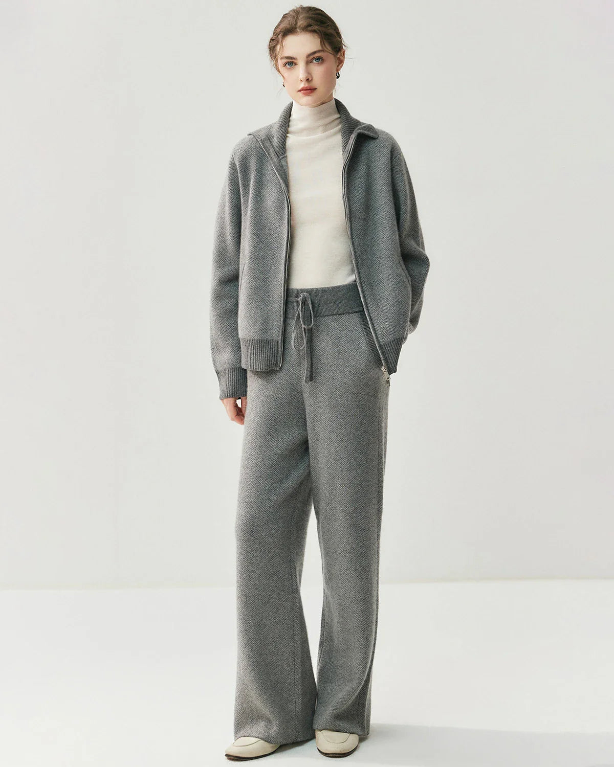 Cashmere Wool Zip Cardigan Set for Women
