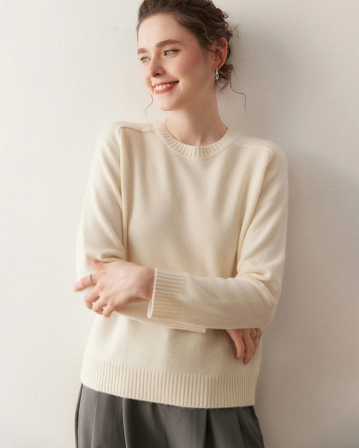 Classic Saddle Shoulder Round Neck Cashmere Sweater