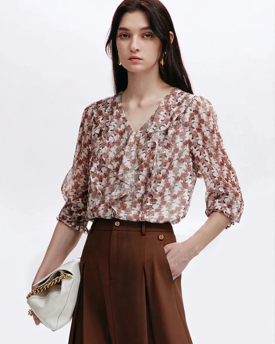 Daisy Floral Ruffle Silk Blouse