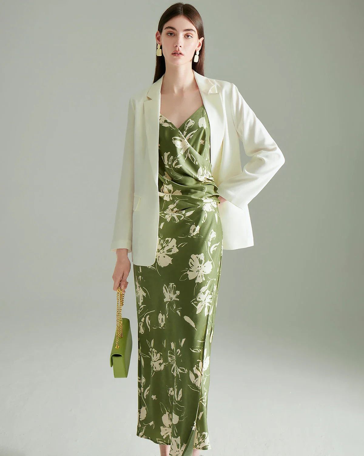 Green Floral Print Silk Dress