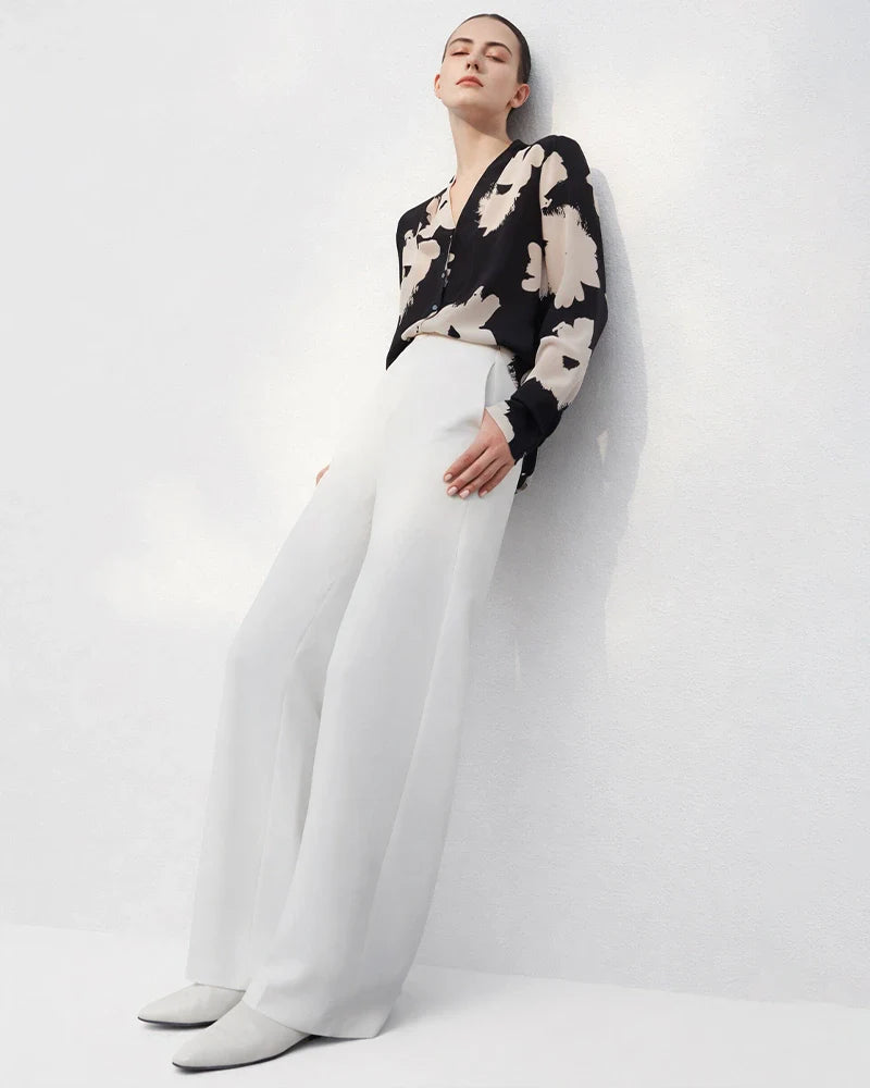 V Neck Floral Silk Blouse Long Sleeve