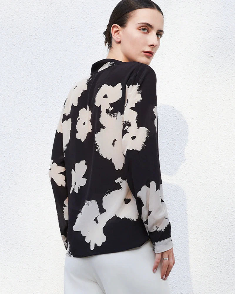 V Neck Floral Silk Blouse Long Sleeve