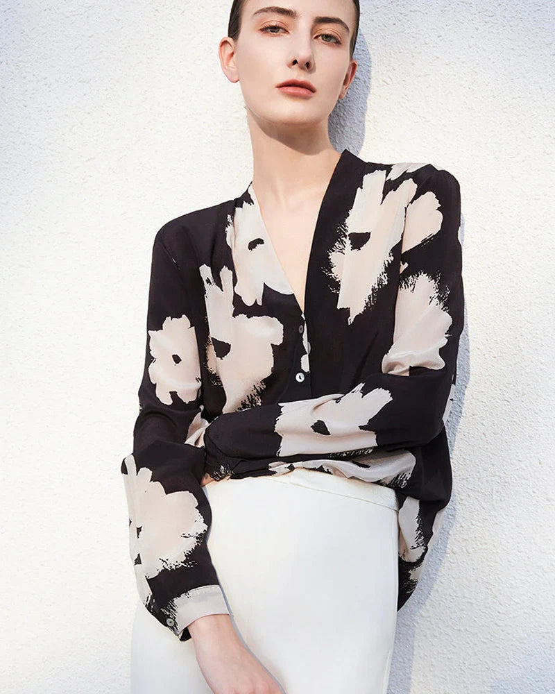 V Neck Floral Silk Blouse Long Sleeve