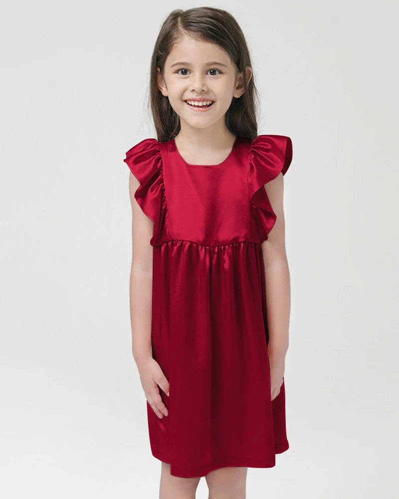 Girls Short Ruffle Sleeve Silk Dress