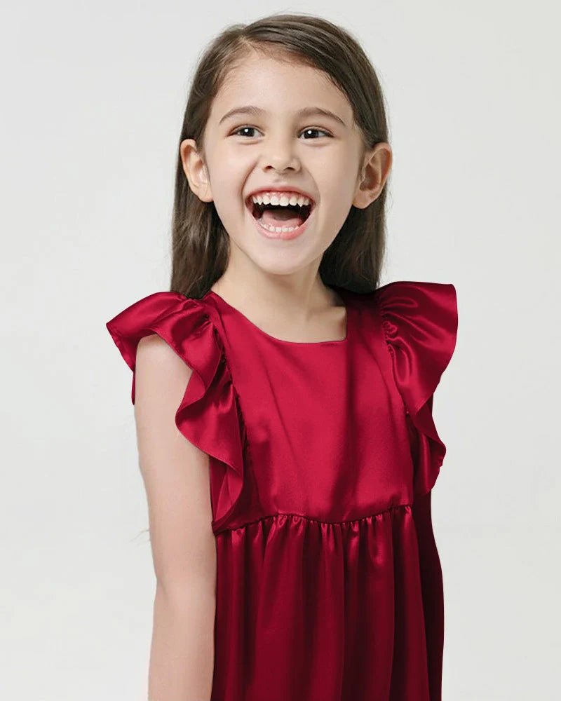 Girls Short Ruffle Sleeve Silk Dress