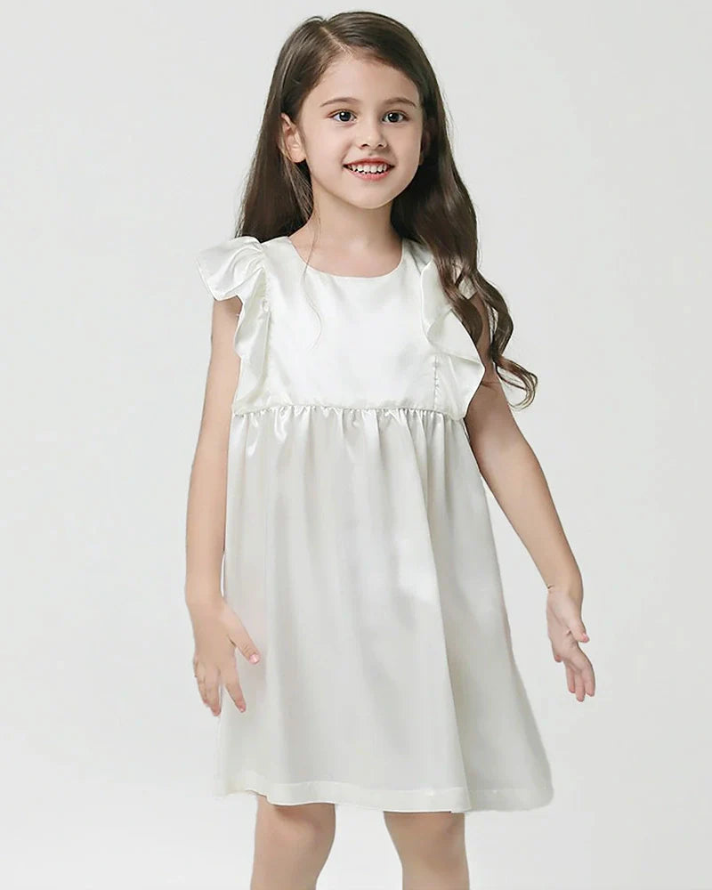 Girls Short Ruffle Sleeve Silk Dress