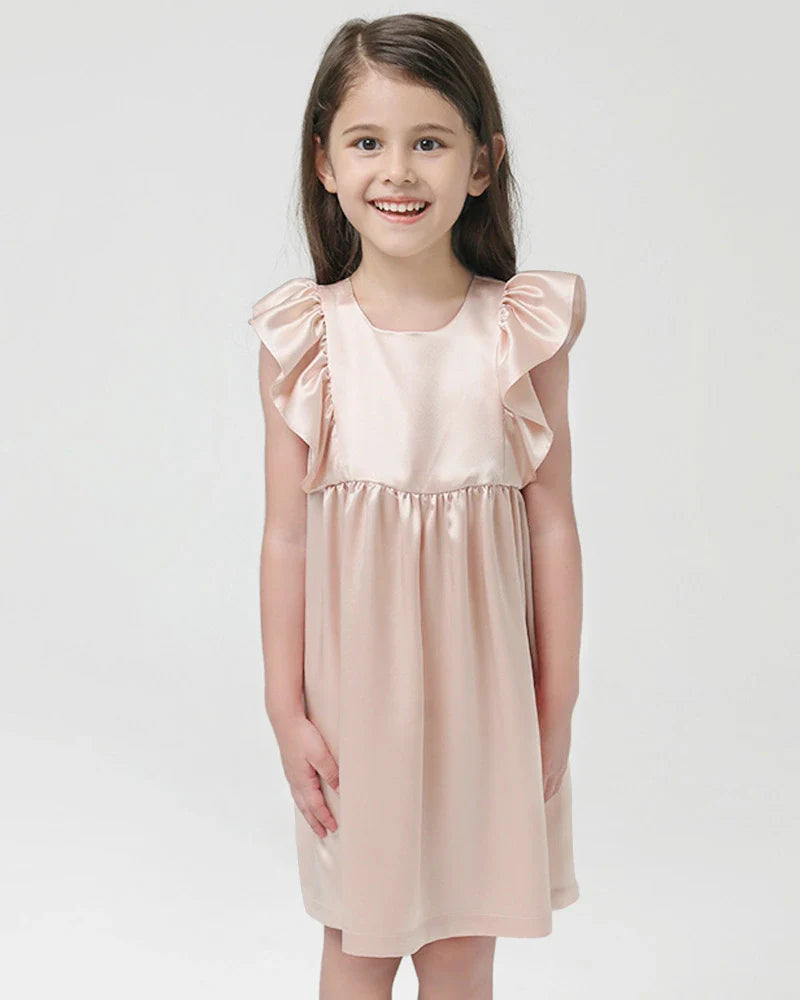 Girls Short Ruffle Sleeve Silk Dress