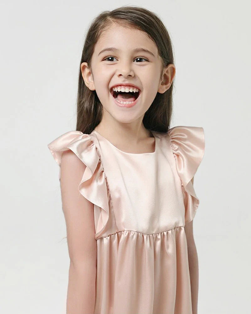 Girls Short Ruffle Sleeve Silk Dress