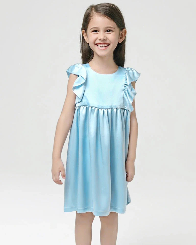 Girls Short Ruffle Sleeve Silk Dress