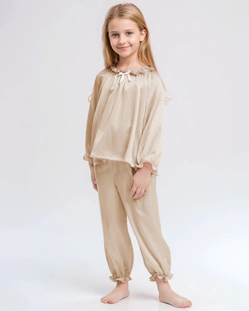 Girls Long Sleeve Ruffle Trim Silk Pajama Set