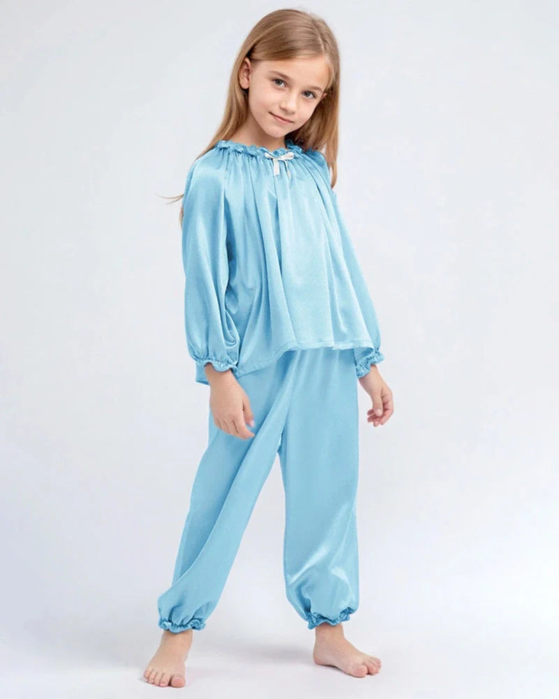 Girls Long Sleeve Ruffle Trim Silk Pajama Set