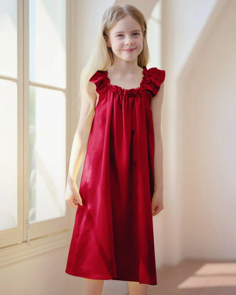 Girls Silk Nightgown with Double Ruffle Sleeves