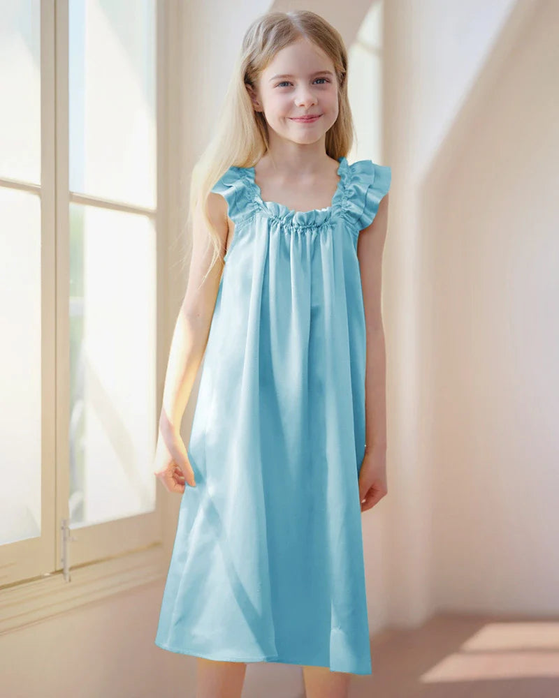 Girls Silk Nightgown with Double Ruffle Sleeves