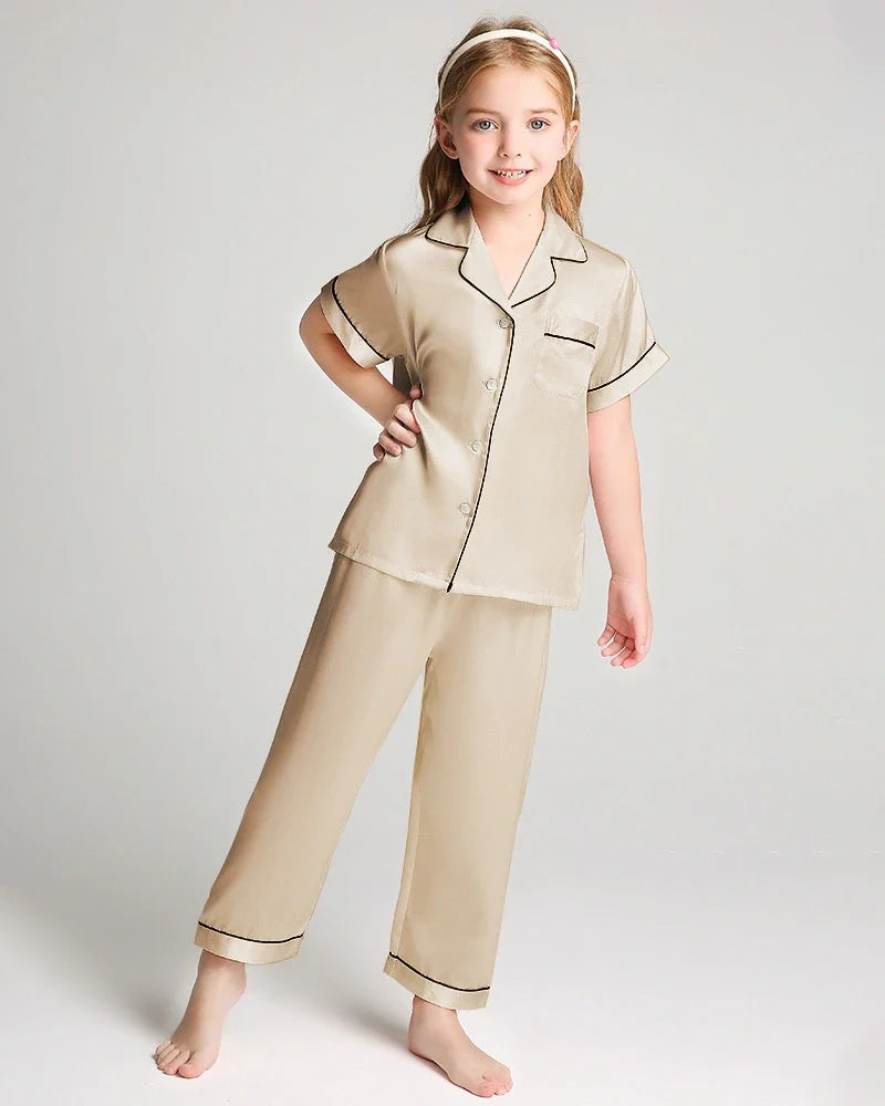 Unisex Kids Short Sleeve Silk Pajamas Set