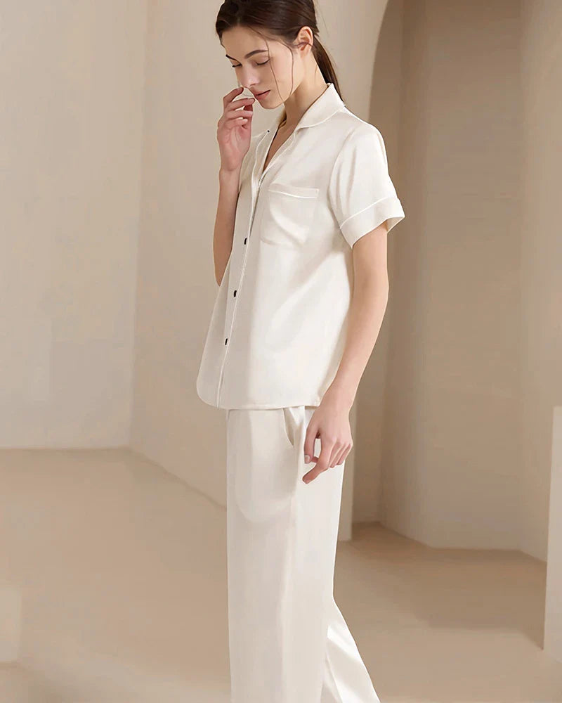 Washable Silk Short Sleeve Long Pants Pajama Set