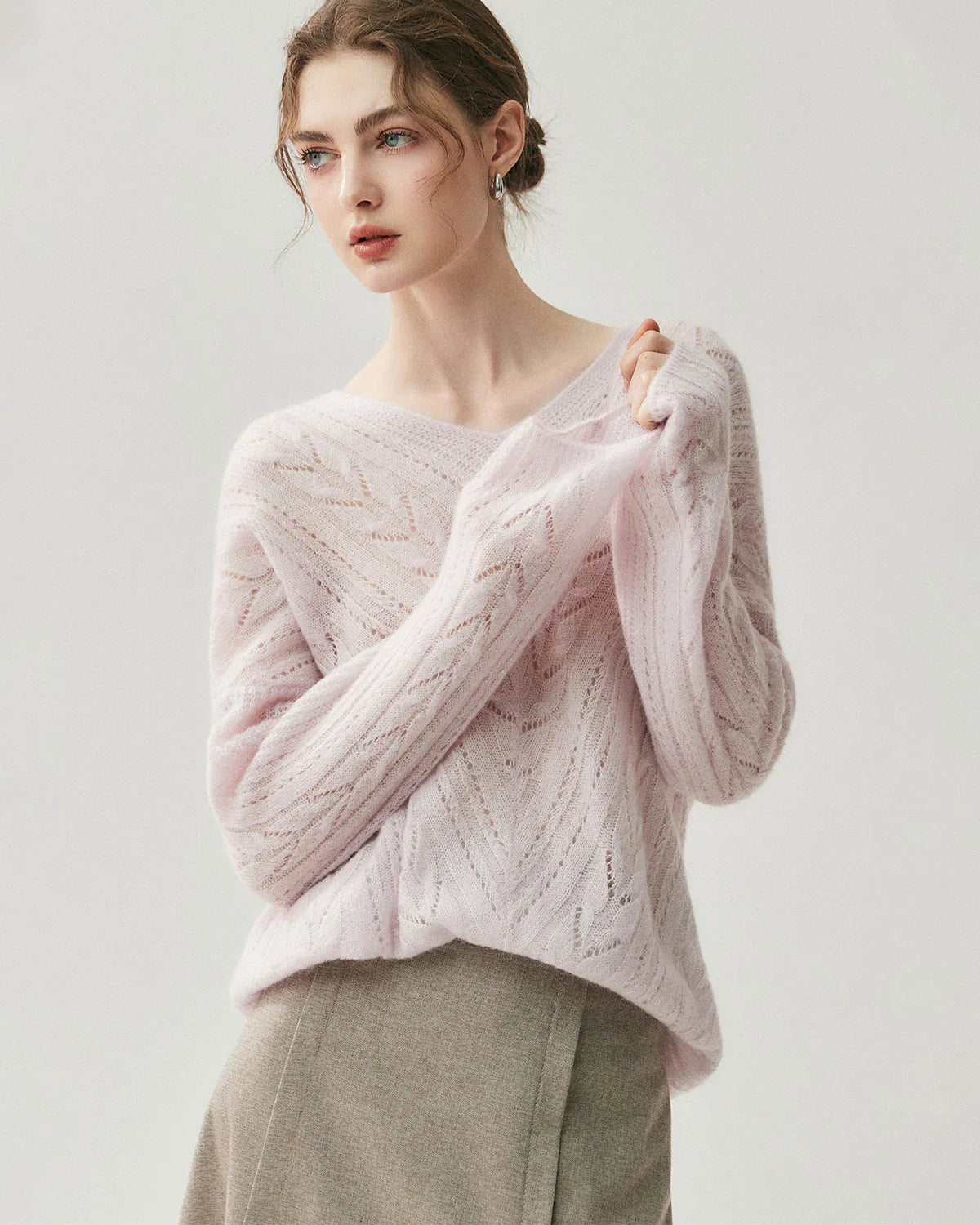 V-Neck Cable Knit Silk Cashmere Pullover