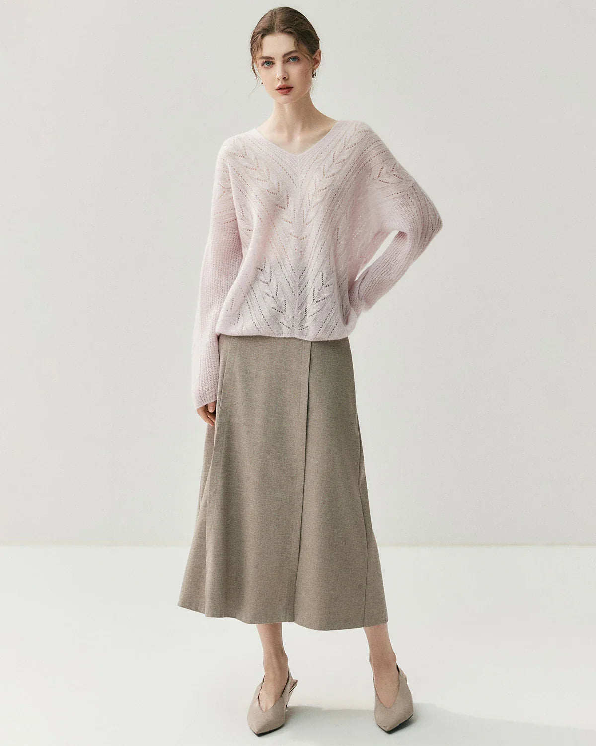 V-Neck Cable Knit Silk Cashmere Pullover