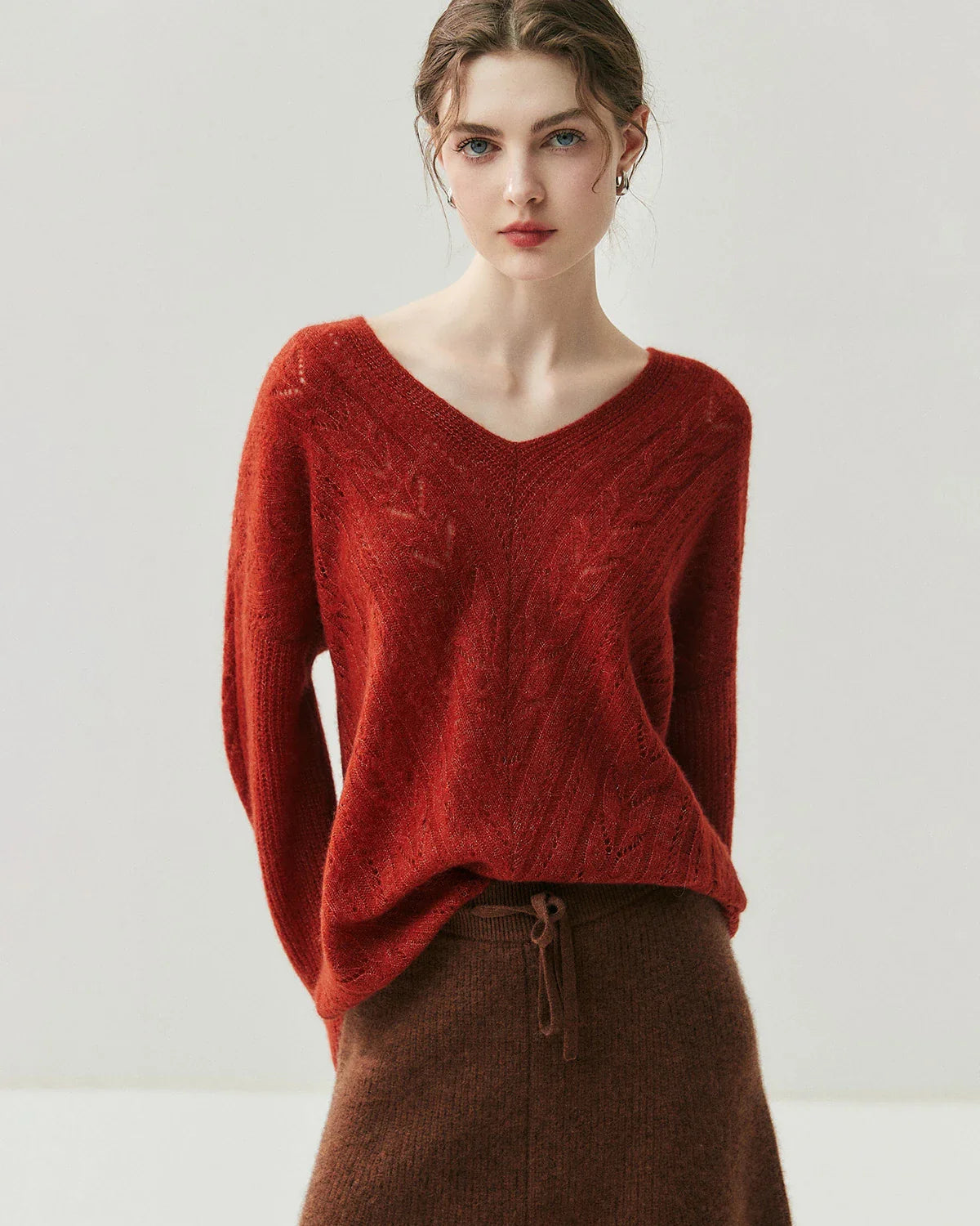 V-Neck Cable Knit Silk Cashmere Pullover