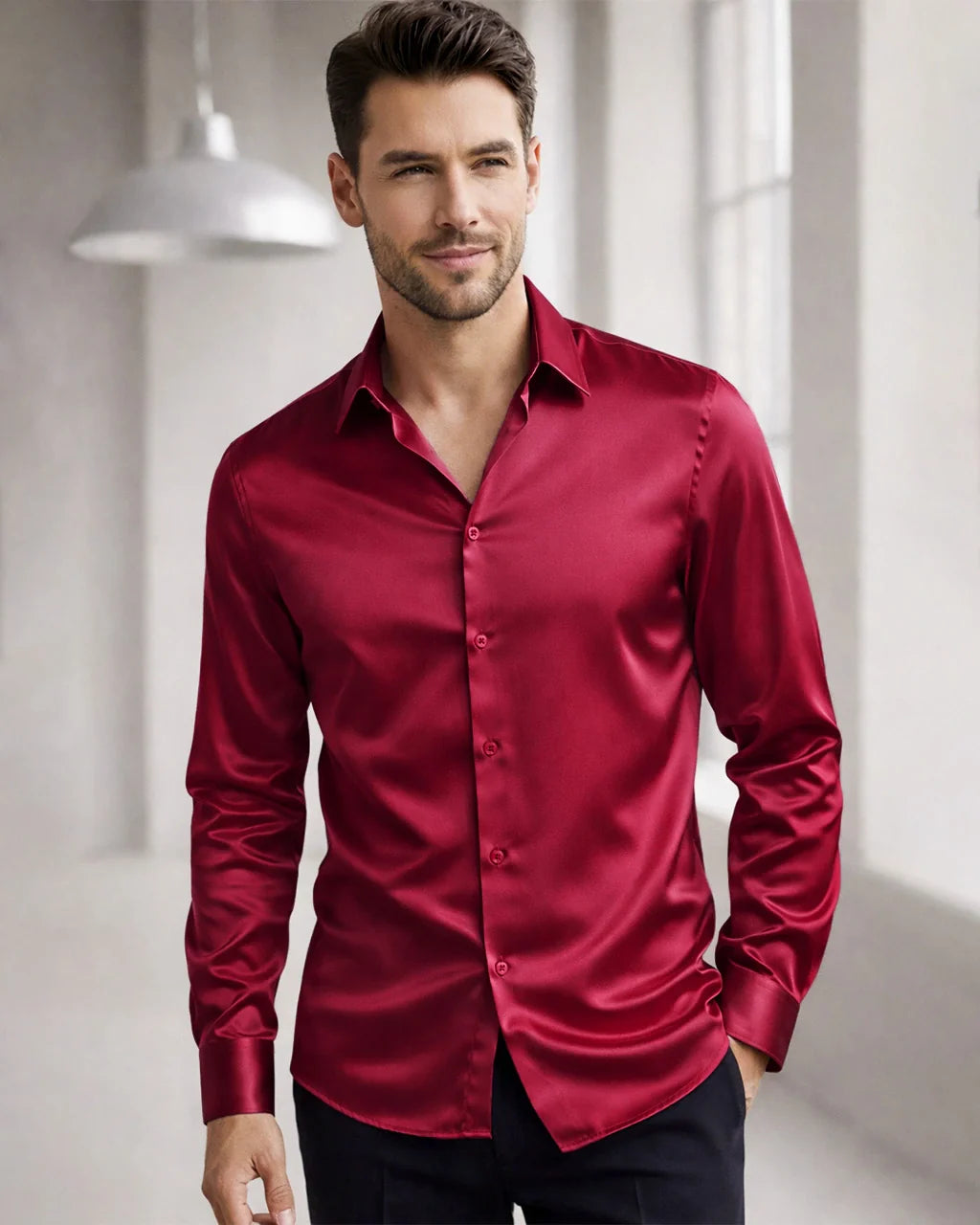 Classic Collar Silk Long Shirt For Men
