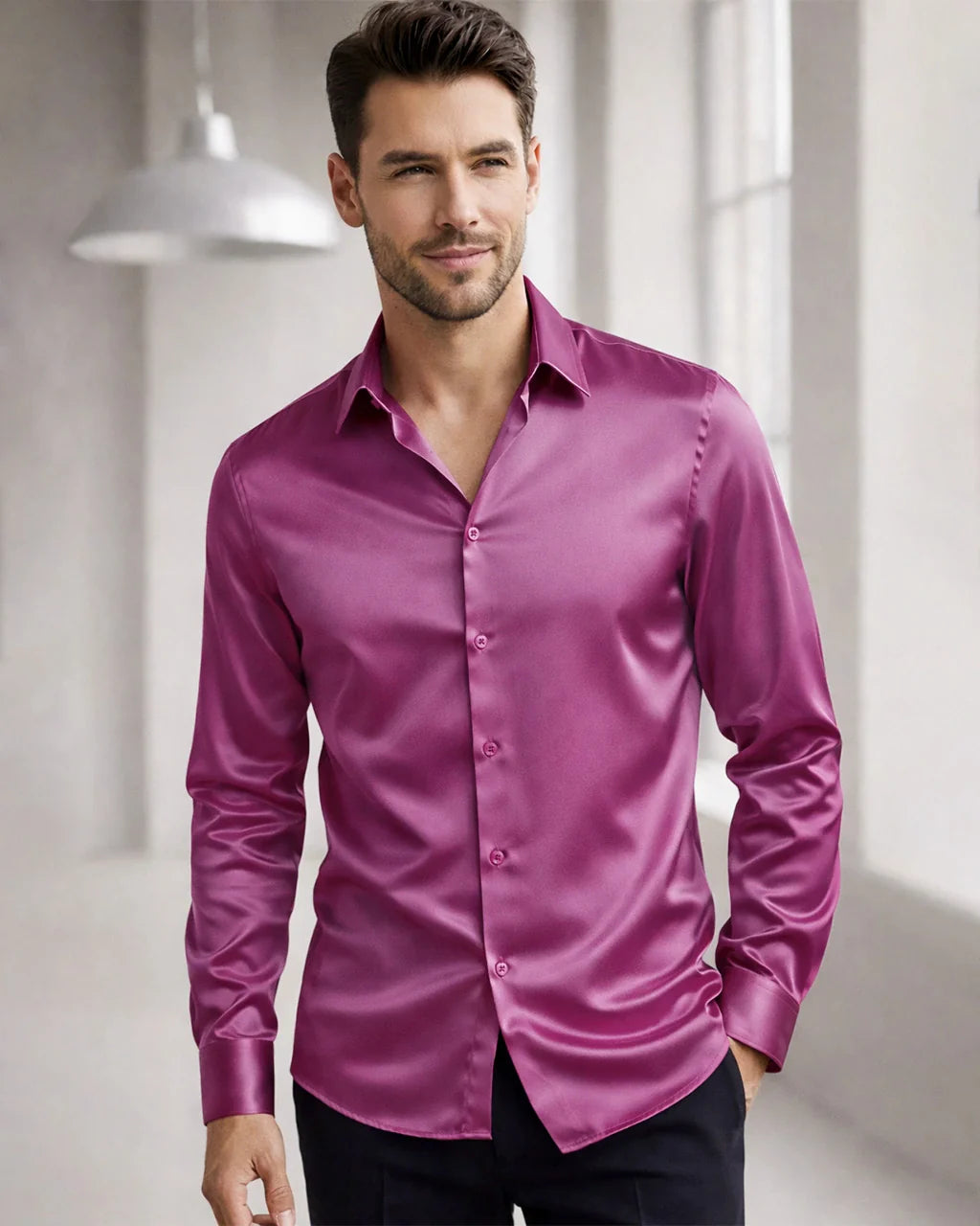 Classic Collar Silk Long Shirt For Men