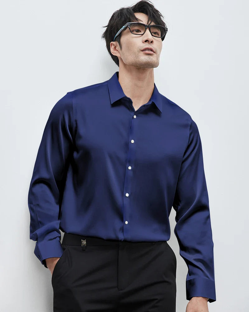 Mens Washable Silk Shirt Long Sleeve Classic Button Down