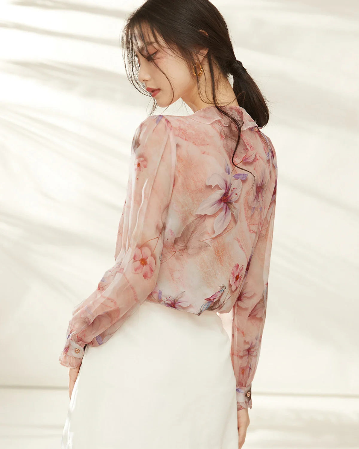 Pink Lily Silk Floral Ruffle Long Sleeve Blouse