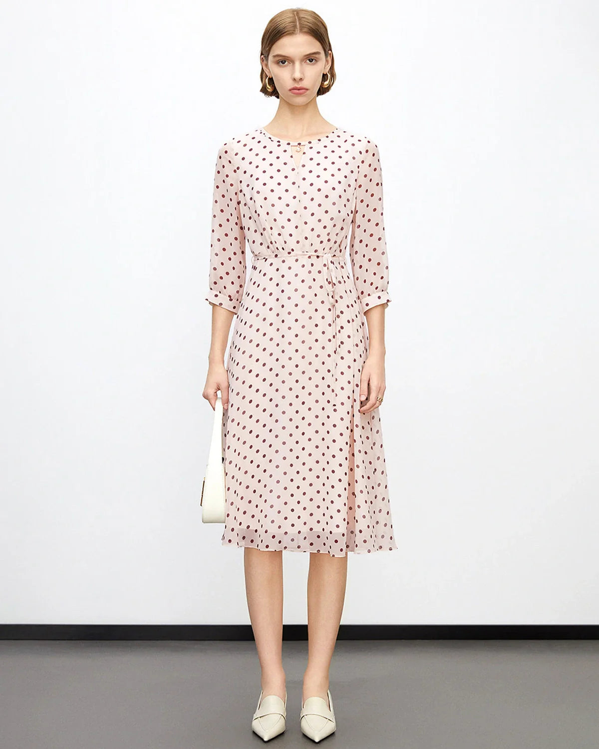 Apricot Brown Polka Dot Silk Midi Dress