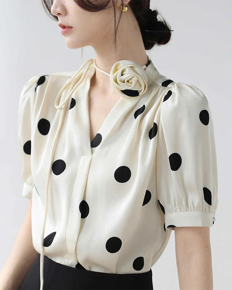 Silk Polka Dot Top with Rose Choker