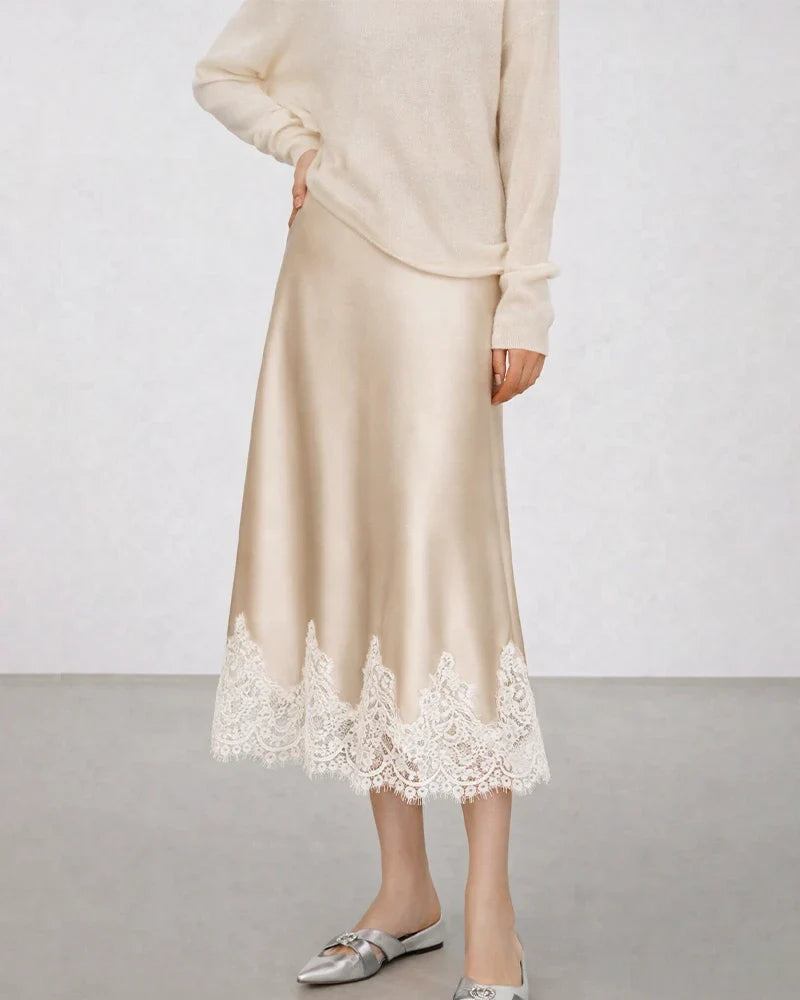 Silk Bias Cut Midi Skirt with Lace Trim