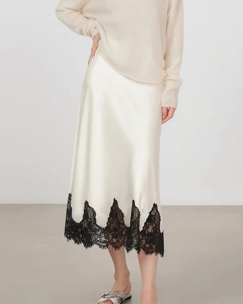 Silk Bias Cut Midi Skirt with Lace Trim